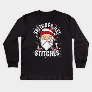 Snitches Get Stitches Santa Hat Rebel Santa Humorous Matching Kids Long Sleeve T-Shirt